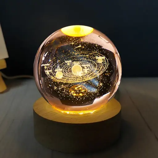 Enchanting 3D Engraved Crystal Ball Night Light with Wooden Base - Cosmic & Nature Designs for Home Decor