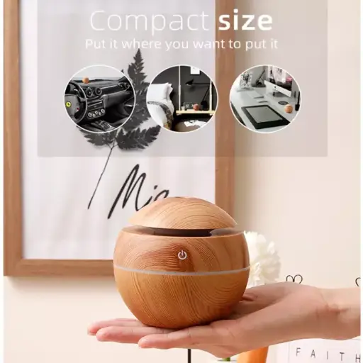 Mini USB Ultrasonic Aroma Humidifier, Essential Oil Diffuser - Portable Wood Grain Design with LED Light